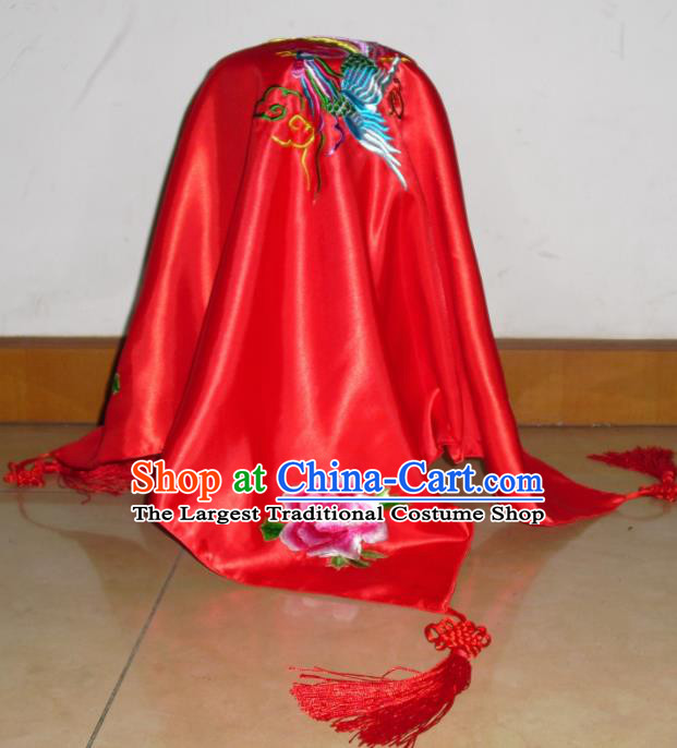 Chinese Traditional Bride Headdress Ancient Wedding Embroidered Phoenix Peony Red Veil Curtain for Women