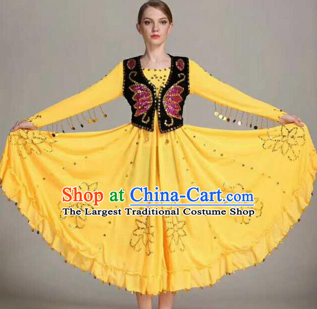 Chinese Traditional Uigurian Ethnic Costumes Uyghur Minority Folk Dance Yellow Dress for Women