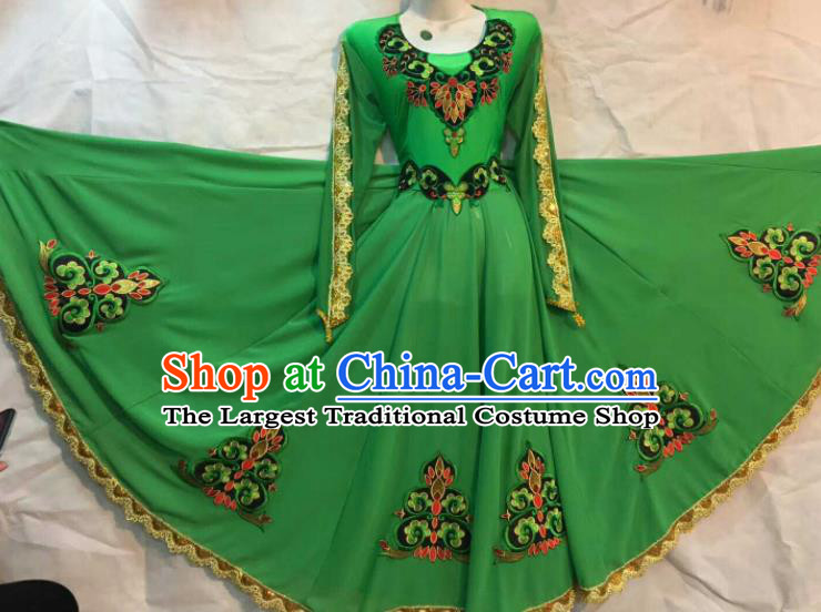 Chinese Traditional Uigurian Ethnic Costumes Xinjiang Uyghur Minority Folk Dance Green Dress for Women