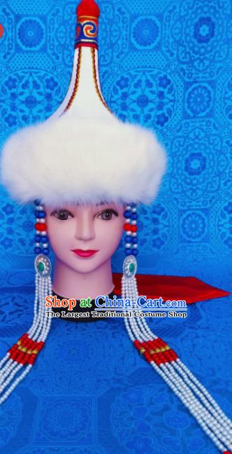 Chinese Traditional Ethnic Hat Mongolian Minority Nationality Princess White Hat for Women