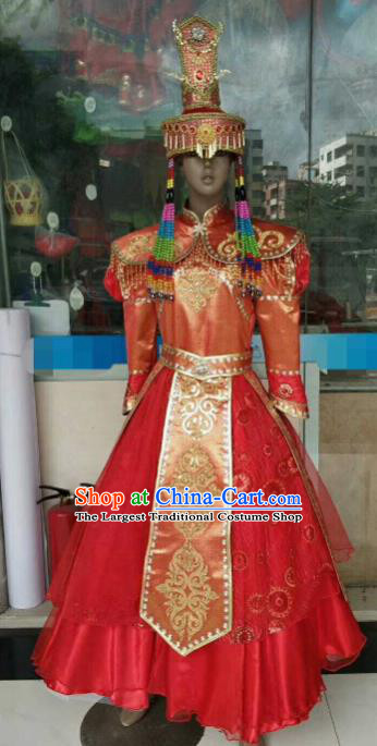 Chinese Traditional Mongol Nationality Wedding Red Costumes Mongolian Folk Dance Ethnic Dress for Women