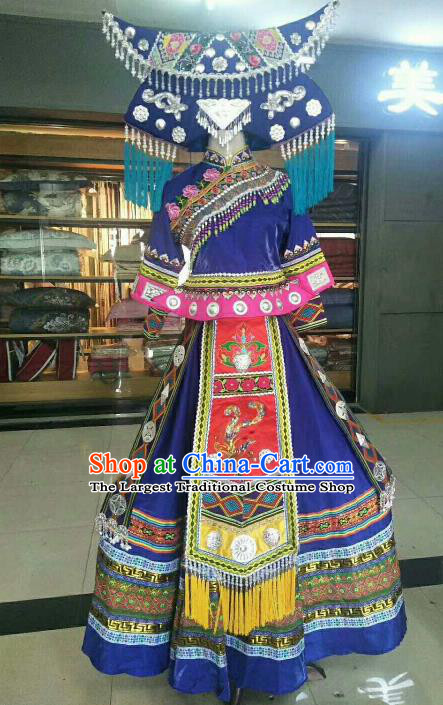 Chinese Traditional Zhuang Nationality Ethnic Costumes Folk Dance Royalblue Dress for Women