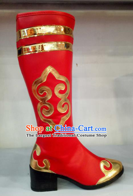 Chinese Traditional Mongol Nationality Shoes Mongolian Folk Dance Ethnic Red Boots for Women
