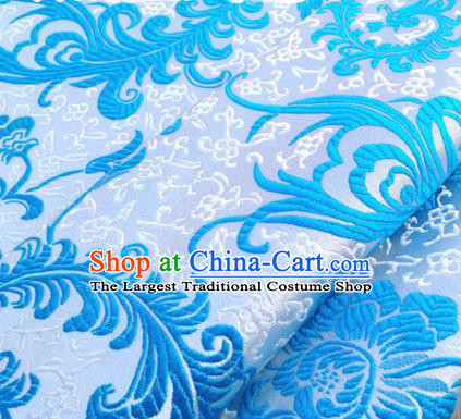 Chinese Traditional Blue Brocade Classical Ombre Flowers Pattern Design Silk Fabric Material Satin Drapery