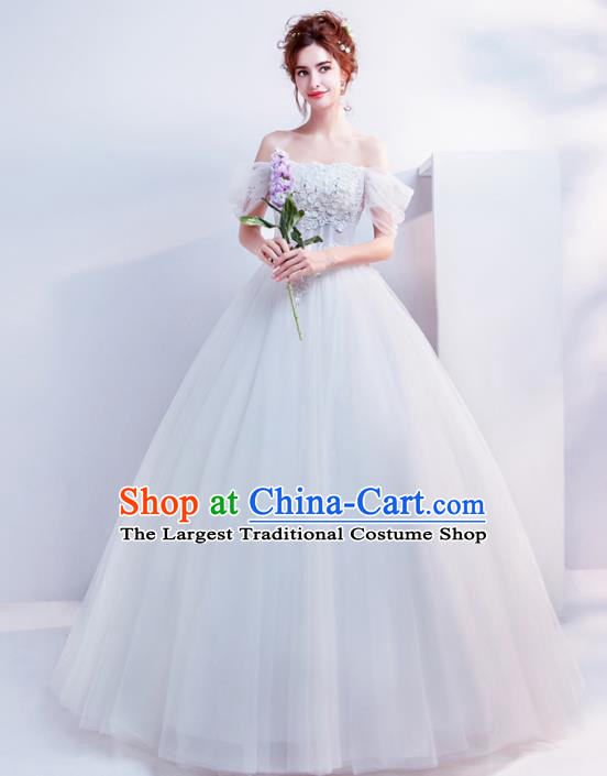 Top Grade Handmade Wedding Costumes Wedding Gown Bride White Flat Shouders Full Dress for Women