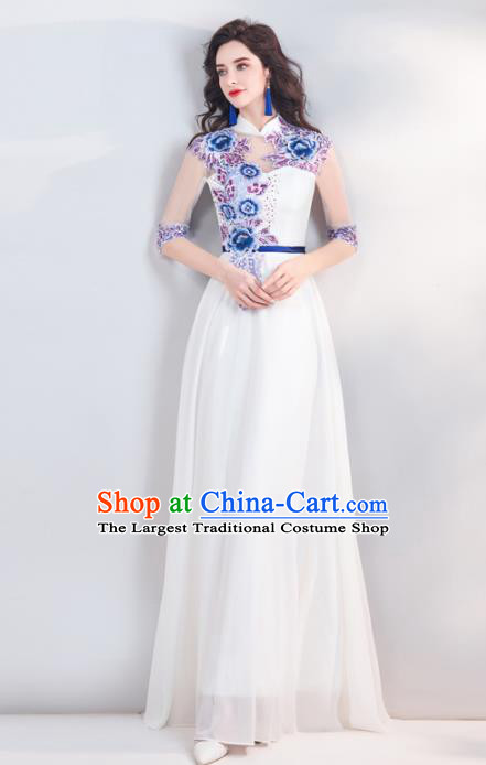 Chinese Traditional White Cheongsam Wedding Bride Costume Compere Full Dress for Women