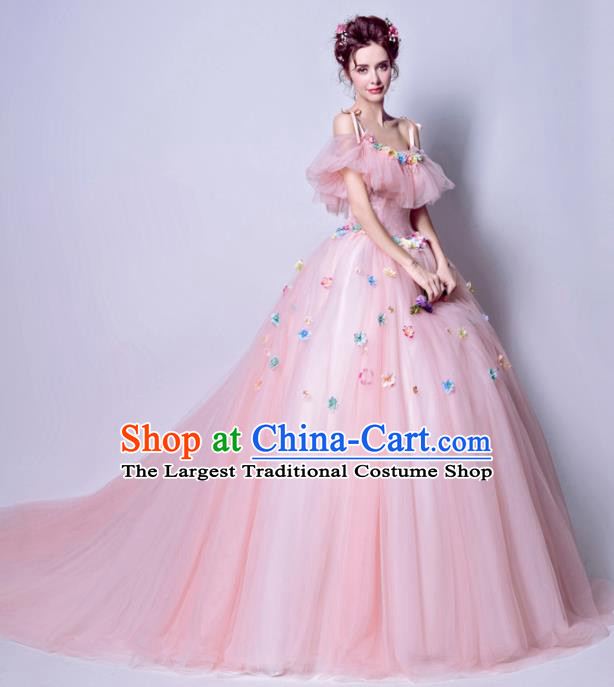 Top Grade Princess Pink Flat Shouders Wedding Dress Handmade Fancy Wedding Gown for Women