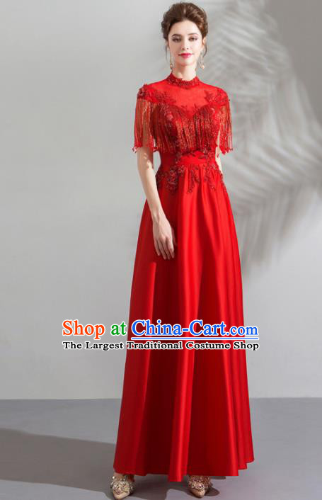 Chinese Traditional Red Cheongsam Costume Bride Compere Full Dress for Women