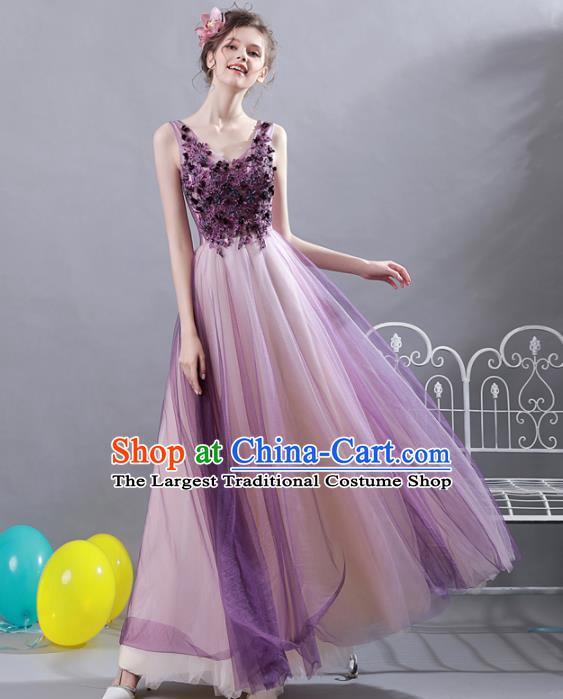 Top Grade Compere Purple Veil Formal Dress Handmade Catwalks Angel Full Dress for Women