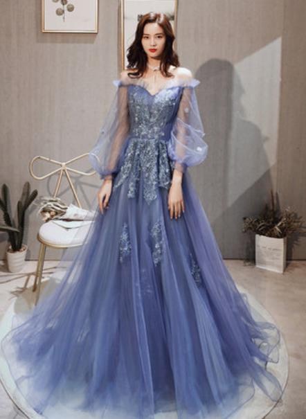 Top Grade Blue Evening Dress Compere Costume Handmade Catwalks Angel Full Dress for Women