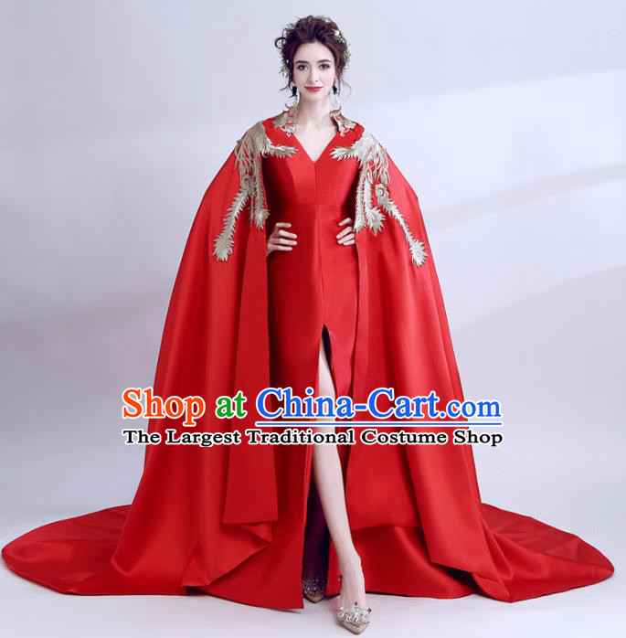 Handmade Red Cloak Evening Dress Compere Costume Catwalks Angel Full Dress for Women