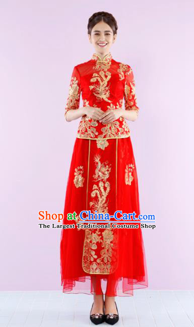 Ancient Chinese Traditional Wedding Costumes Bride Embroidered Red Dress Xiuhe Suits for Women