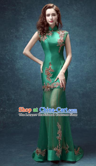 Chinese Traditional Full Dress Green Veil Cheongsam for Women