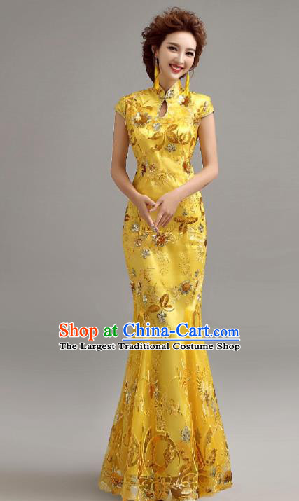 Chinese Traditional Mermaid Full Dress Wedding Bride Yellow Cheongsam for Women