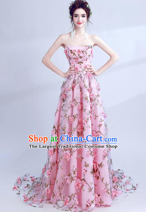 Handmade Pink Flowers Evening Dress Compere Costume Catwalks Angel Full Dress for Women