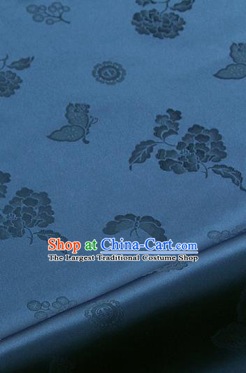 Asian Korean Traditional Navy Brocade Fabric Classical Butterfly Peony Pattern Silk Fabric Hanbok Silk Material