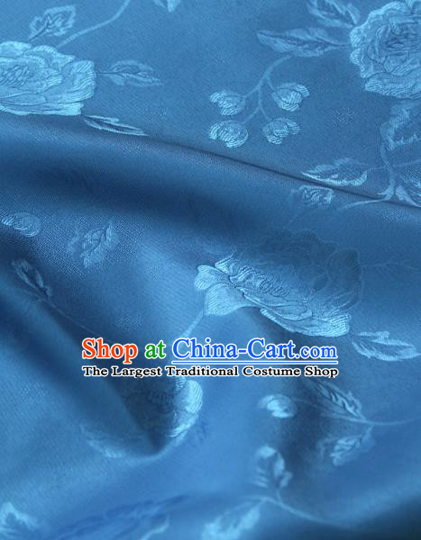 Asian Traditional Palace Drapery Korean Hanbok Royal Peony Pattern Blue Brocade Satin Fabric