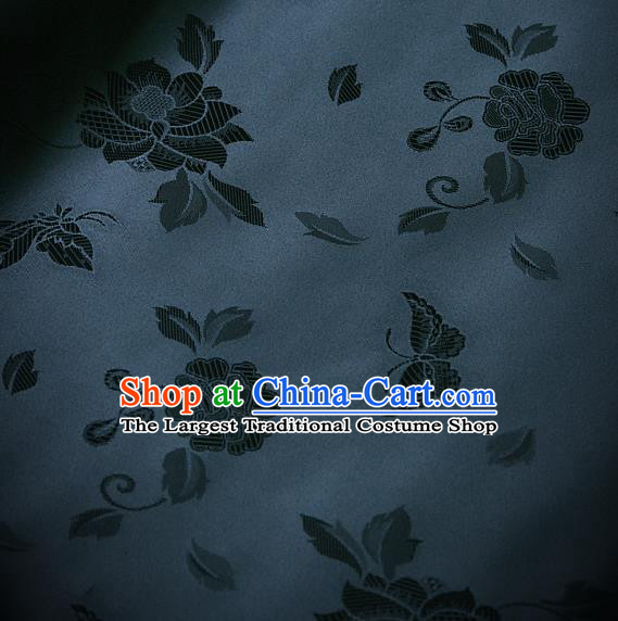 Traditional Asian Navy Brocade Classical Peony Pattern Drapery Korean Hanbok Palace Satin Silk Fabric