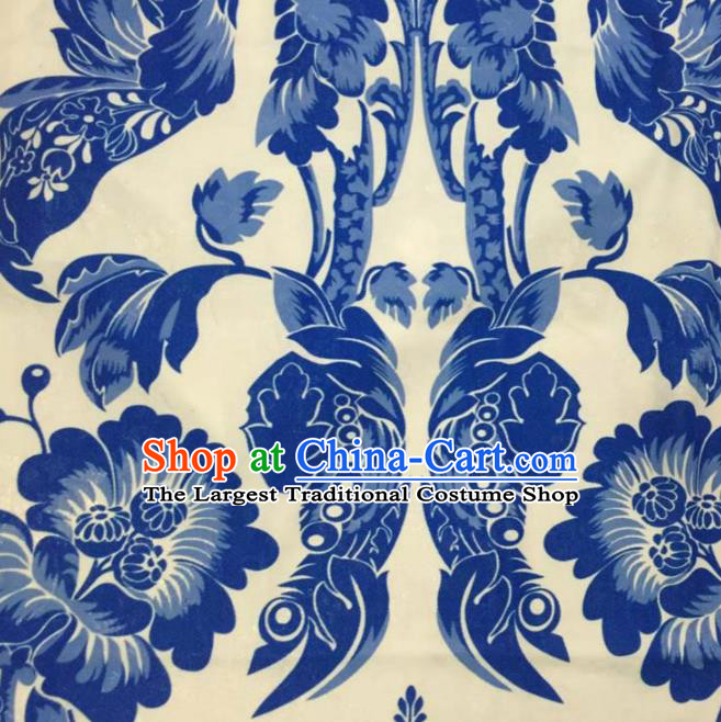 Chinese Traditional Brocade Fabric Qipao Classical Blue and White Porcelain Pattern Design Silk Material Satin Drapery