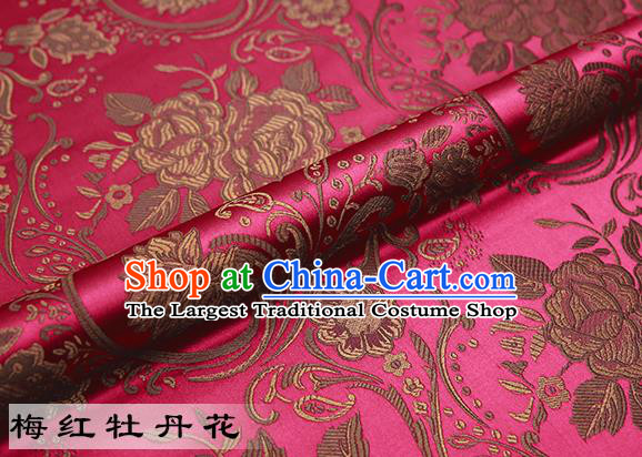 Chinese Traditional Rosy Satin Classical Peony Pattern Design Brocade Fabric Tang Suit Material Drapery