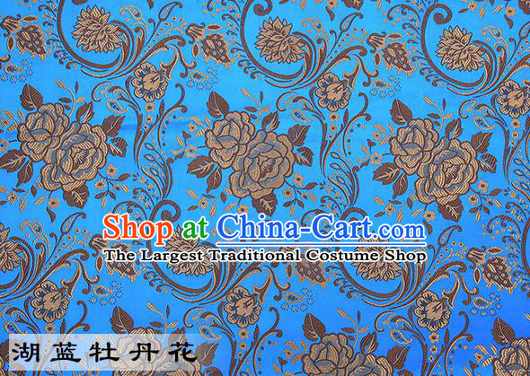 Chinese Traditional Light Blue Satin Classical Peony Pattern Design Brocade Fabric Tang Suit Material Drapery