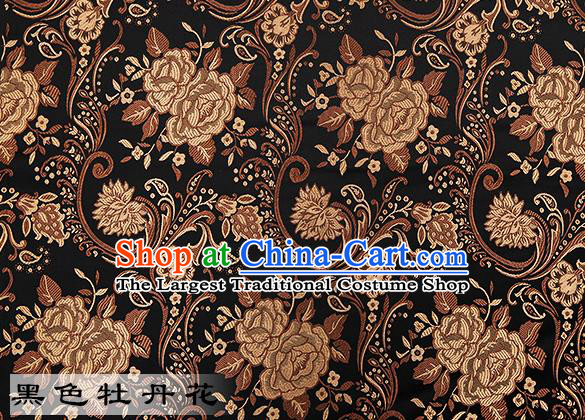Chinese Traditional Black Satin Classical Peony Pattern Design Brocade Fabric Tang Suit Material Drapery