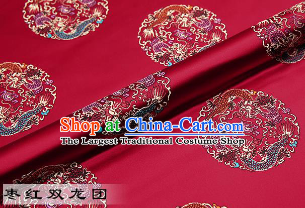 Chinese Traditional Purplish Red Satin Classical Dragons Pattern Design Brocade Fabric Tang Suit Material Drapery