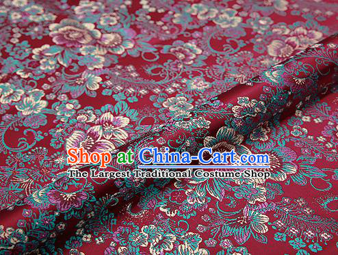 Purplish Red Brocade Chinese Traditional Garment Fabric Classical Peony Pattern Design Satin Cushion Material Drapery