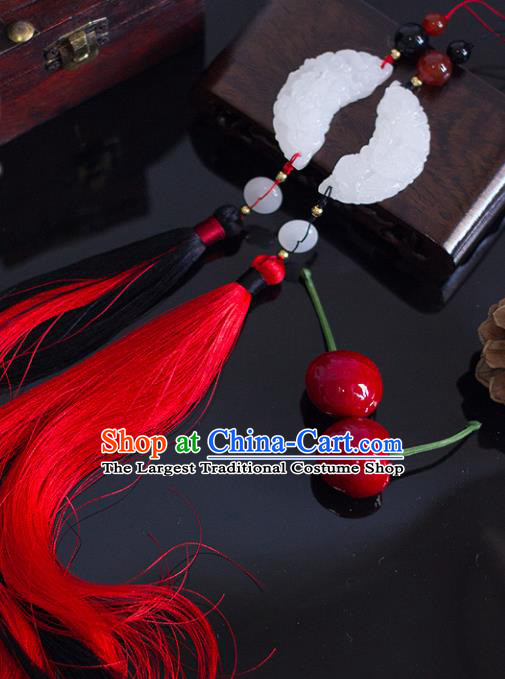 Chinese Traditional Handmade Red Tassel Waist Accessories Palace Moon Jade Pendant for Men