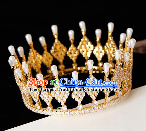 Top Grade Handmade Bride Golden Crystal Pearls Royal Crown Hair Accessories for Women