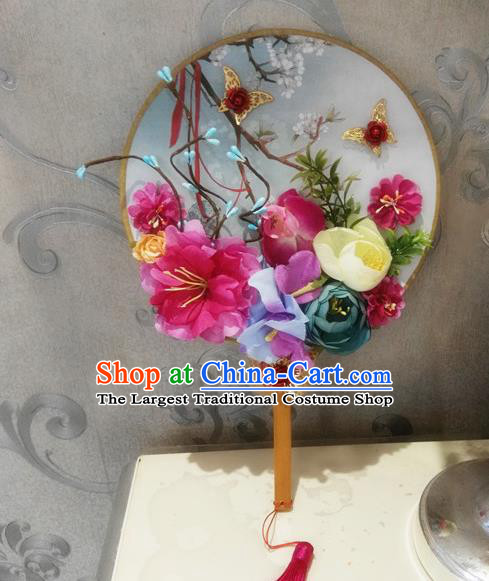 Chinese Traditional Wedding Rosy Peony Round Fans Ancient Bride Handmade Palace Fans for Women