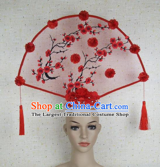 Top Grade Chinese Handmade Red Embroidered Plum Blossom Tassel Headdress Traditional Hair Accessories for Women