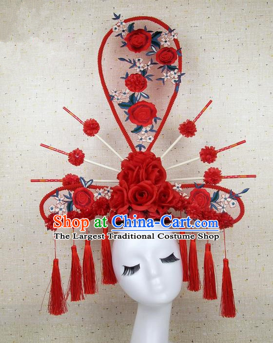 Top Grade Handmade Chinese Red Roses Palace Hair Clasp Headdress Traditional Hair Accessories for Women