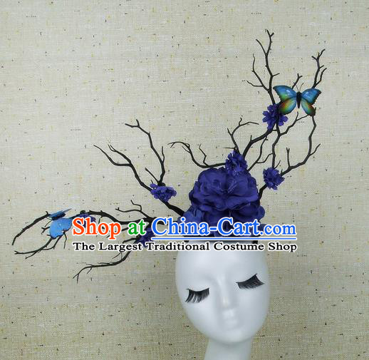 Top Grade Handmade Royalblue Peony Butterfly Hair Accessories Halloween Cosplay Headwear for Women