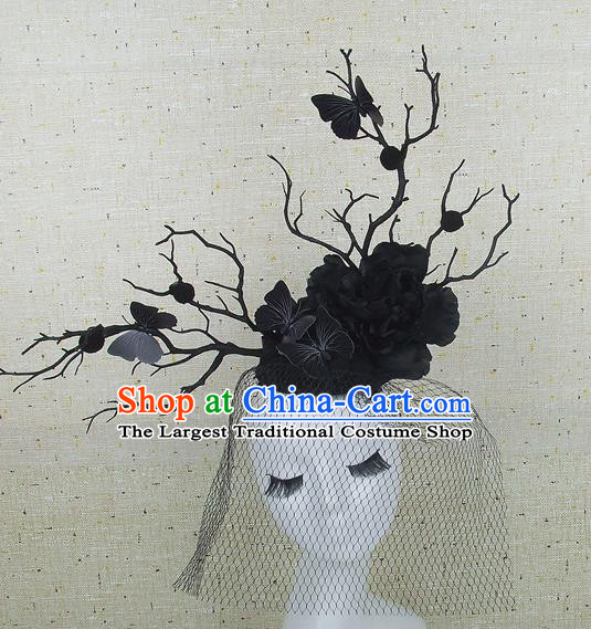 Top Grade Handmade Black Butterfly Peony Hair Accessories Halloween Cosplay Veil Headwear for Women