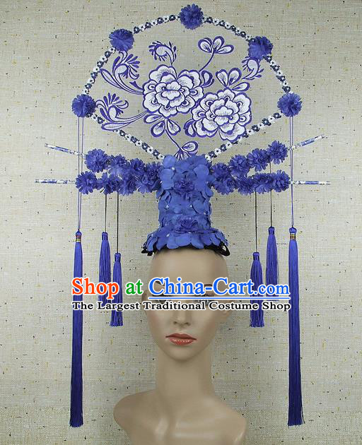 Top Grade Chinese Handmade Blue Flowers Headdress Traditional Hair Accessories for Women