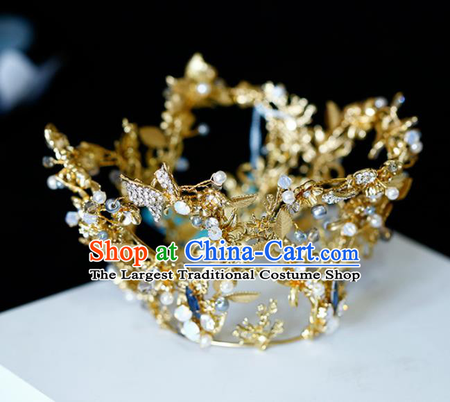 Top Grade Handmade Bride Golden Crystal Round Royal Crown Baroque Princess Hair Accessories for Women