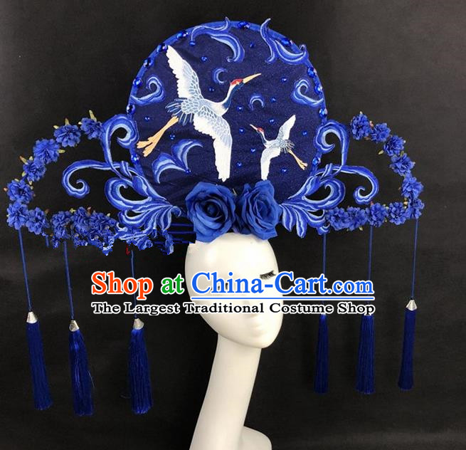Chinese Traditional Palace Exaggerated Headdress Catwalks Blue Crane Hair Accessories for Women