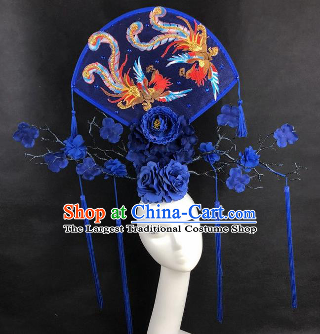 Chinese Traditional Palace Exaggerated Blue Headdress Catwalks Embroidered Phoenix Hair Accessories for Women