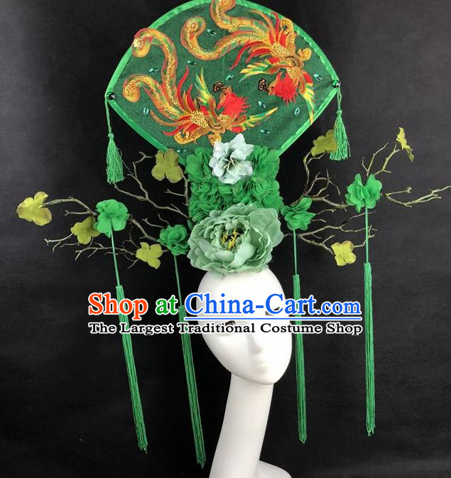 Chinese Traditional Palace Exaggerated Green Headdress Catwalks Embroidered Phoenix Hair Accessories for Women