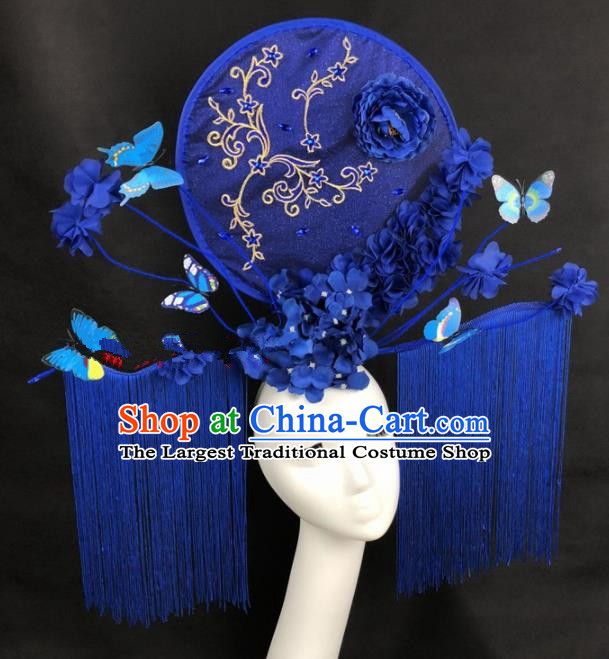 Chinese Traditional Palace Exaggerated Headdress Catwalks Blue Butterfly Tassel Hair Accessories for Women