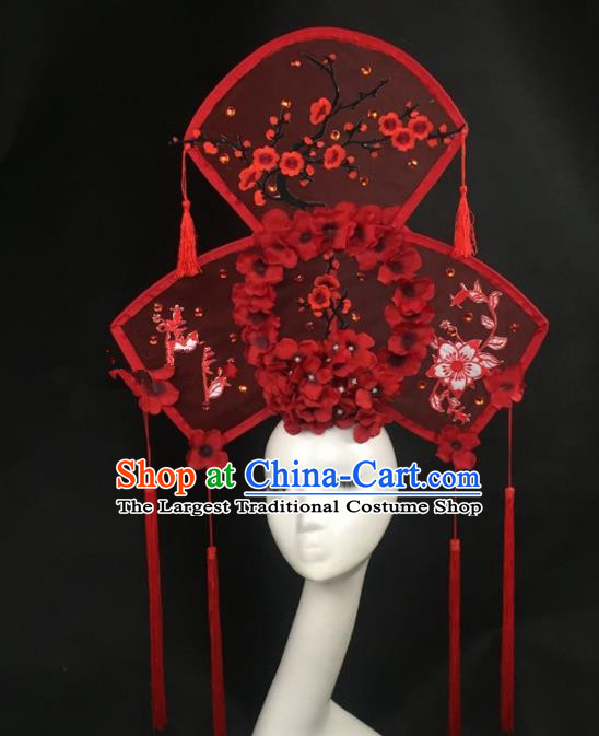 Chinese Traditional Palace Exaggerated Headdress Embroidered Plum Blossom Red Catwalks Hair Accessories for Women