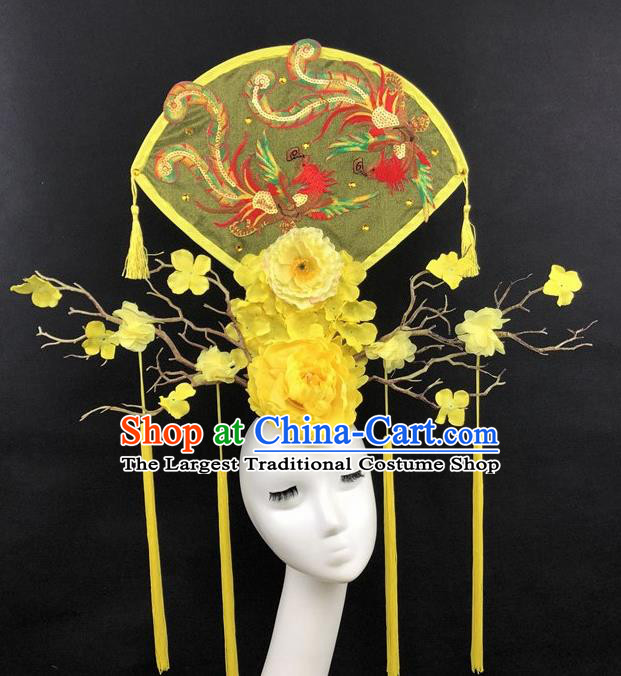 Chinese Traditional Palace Exaggerated Headdress Embroidered Phoenix Yellow Peony Catwalks Hair Accessories for Women