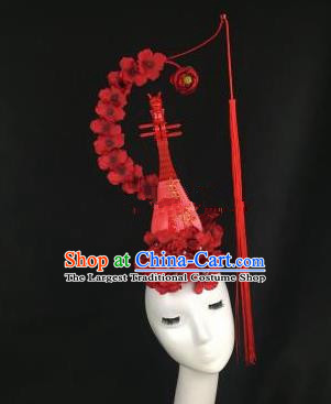 Chinese Traditional Exaggerated Headdress Palace Catwalks Red Flowers Lute Hair Accessories for Women