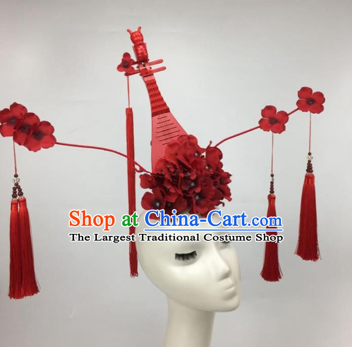 Chinese Traditional Exaggerated Headdress Palace Catwalks Red Flowers Lute Tassel Hair Accessories for Women