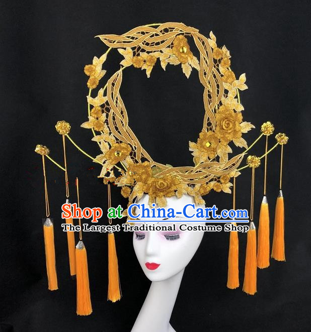 Chinese Traditional Exaggerated Headdress Ancient Catwalks Embroidered Yellow Peony Hair Accessories for Women