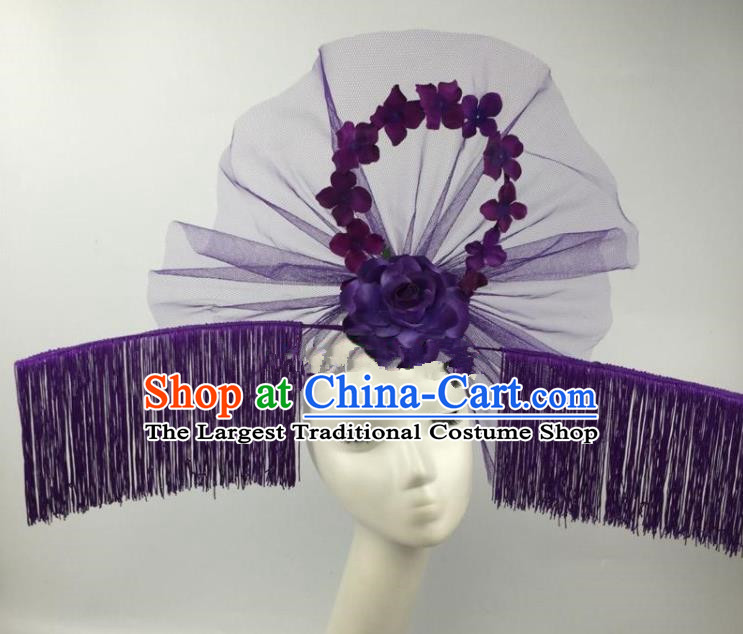 Chinese Traditional Exaggerated Palace Headdress Catwalks Purple Veil Tassel Hair Accessories for Women