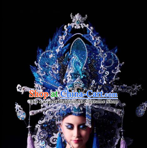 Chinese Traditional Ancient Bride Blue Headdress Palace Wedding Phoenix Coronet Hair Accessories for Women