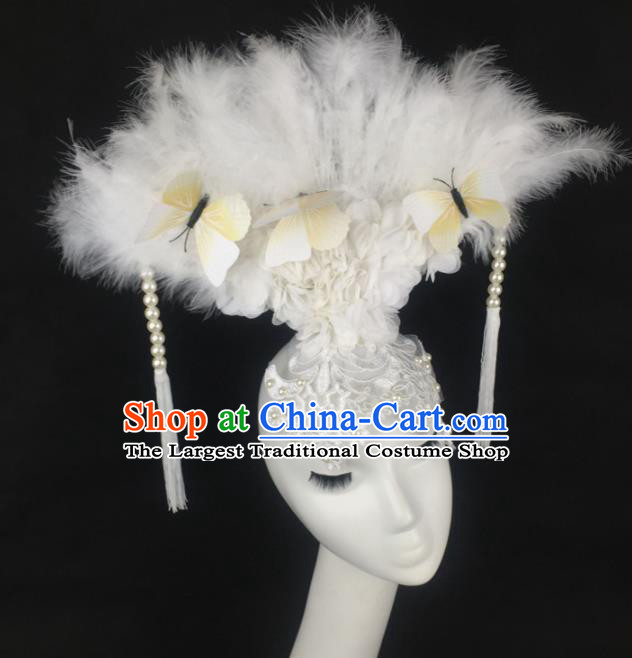 Top Grade Halloween Catwalks Hair Accessories Brazilian Carnival White Feather Lace Headdress for Women