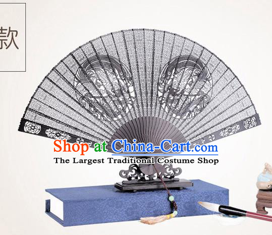 Chinese Traditional Crafts Sandalwood Folding Fans Pierced Dragon Phoenix Fans Accordion Fan